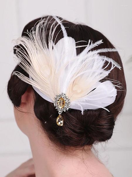 Grampos de cabelo vintage festa penas chapéus cocktail casamento hairpieces banquete strass grampos de cabelo para noiva feminino headwear véus