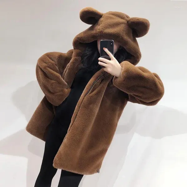 Trench da donna Orecchie da orso alla moda e semplici Decorazione tridimensionale Caldo cappotto di pelliccia artificiale Peluche addensato medio