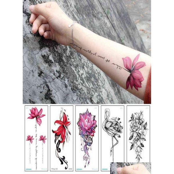 Geçici dövmeler kol bandı su geçirmez dövme etiketi çiçek lotus kollu kadın bilek kol kolları dövme sahte kız bırakma sağlığı dhp8t