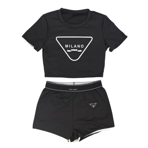 Fatos de treino femininos Conjunto de duas peças com estampa de letras Umbigo nu sexy T-shirt shorts de manga curta Terno esportivo casual Roupas de gola redonda Terno de jogging sólido