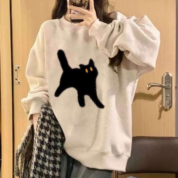 Han Fan Chic Cartoon Cat Sweater Kadın Yuvarlak Boyun Bahar ve Sonbahar İnce Gevşek Gündelik Büyük Orta Uzunluk Küzen