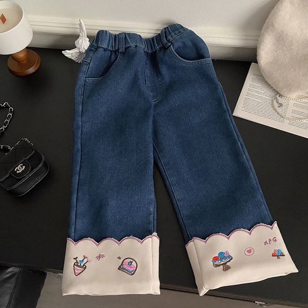 Осенне-зимние модные джинсы для девочек с флисовыми брюками для девочек с фланцевой вышивкой