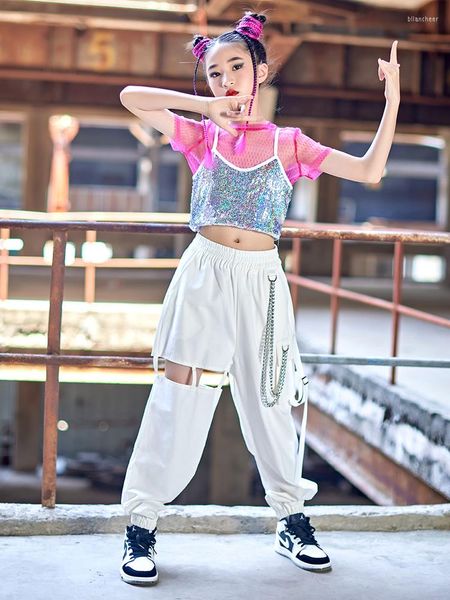 Sahne Giyim Kızlar Caz Dans Kostümü Hip Hop Sokak Kıyafetleri Kırpılmış Pullu Yelek Gündelik Beyaz Pantolon Çocuk Yaz Giyim Bl8180