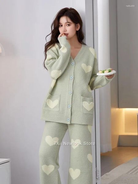 Pijamas femininos 2023 estilo pijama outono e inverno engrossado amor meio lado lã imitação vison coral casa terno