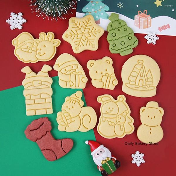 Ferramentas de cozimento Molde de biscoito de desenho animado de Natal Papai Noel Elk Boneco de neve Geada Ferramenta 3D Imprensa Biscuit Stamp Bakingn Decorações de bolo