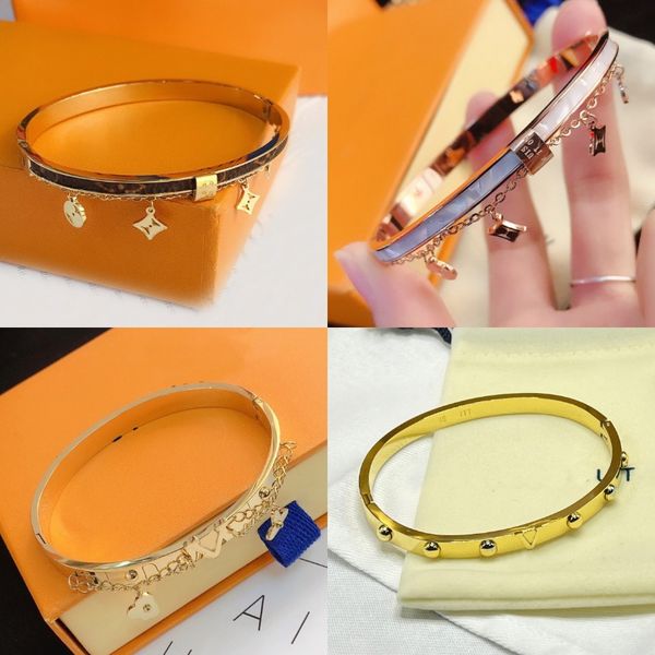 Bracciali rigidi di design placcati in oro da donna gioielli da polso di marca catena in pelle modellata lettera di diamanti intarsiata in acciaio inossidabile impermeabile non