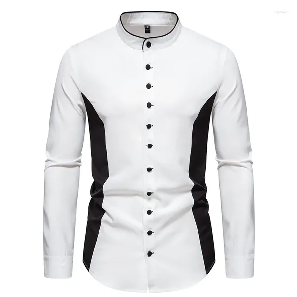 Camicie casual da uomo Camicia Henley a maniche lunghe patchwork bianco nero da uomo 2023 Abito da lavoro con colletto alla coreana fasciato di marca