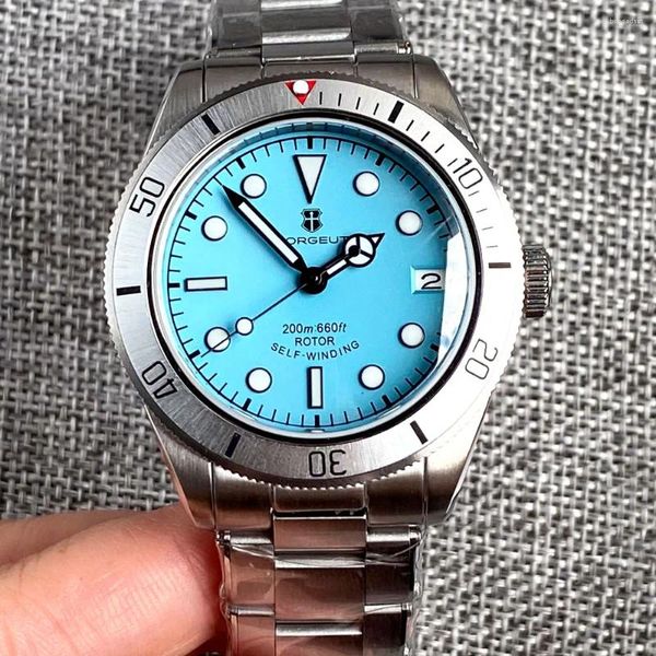 Relógios de pulso 39mm NH35A Automático Homens Relógio Céu Azul Dial Data Lume Sólido Back Alumínio Moldura 20ATM Safira Cristal Retro Pulseira