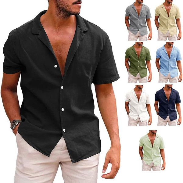 Herren Freizeithemden Sommer Strandbekleidung Herren Einfarbige Bluse Baumwolle Leinen Kurzarmhemd Lose Strickjacke Tops Bequem Atmungsaktiv