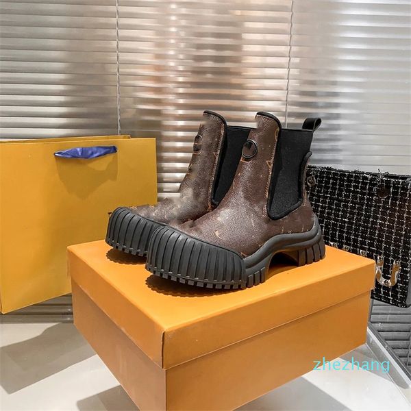 2024-Designer siyah eski çiçek ayak bileği botları kadınlar kahverengi monogram arşivli bot deri kısa patikler düz tabanlı bahar ayakkabıları boyut 35-40