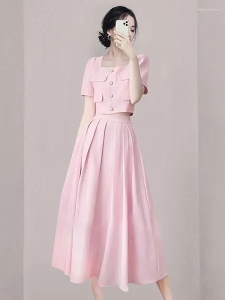 Vestidos de trabalho 2023 verão conjuntos de duas peças feminino casual saias rosa 2 pçs único breasted puff manga topos saia longa coreia moda