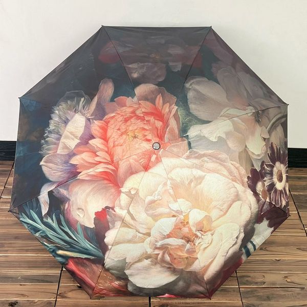 Fashion Rain Gear Ombrello antivento Ombrelli da pioggia all'aperto Designer di lusso Fiori di peonia cinese Ombrello a tre pieghe a prova di sole da donna