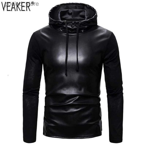 Erkek Hoodies Sweatshirts 2023 Erkek Pu Hoodies Sweatshirts Erkek İnce Uygun Sahte Deri Kapşonlu Ceket Siyah Üstler S-2XL Q231110