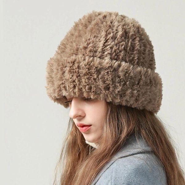 Berets moda ao ar livre chapéus de malha feminino engrossado lã gorro chapéu outono inverno manter quente peludo boné liso bonés térmicos