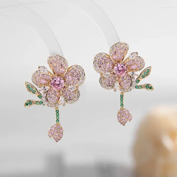 Baumelnde Ohrringe, Braut-Kostüm-Schmuck, kubischer Zirkon, Blume, luxuriös, koreanisch für Frauen