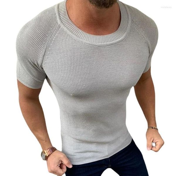 Erkekler Tişörtleri 2023 İlkbahar Yaz Kasları İnce Uygun Örgü Gömlek Katı Kısa Kollu Örgü Üstü Erkekler için Rahat O Boyun Külot Örgü
