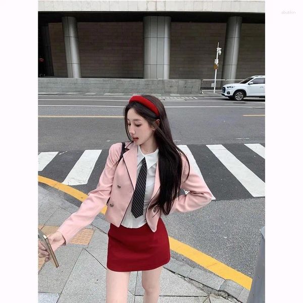 Vestidos de trabalho coreano estilo preppy terno feminino primavera/outono casaco de mangas compridas listrado gravata camisa saia curta conjunto de três peças roupas femininas
