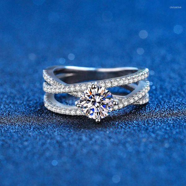 Küme halkaları gerçek moissanit yüzüğü 14k beyaz altın kaplama 4 çatal minyon bükülmüş asma 1CT elmas düğün vaat hediyesi gelin takıları