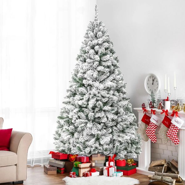 Decorações de Natal 6 pés neve artificial decorada árvore articulada flocada com suporte de metal interior ao ar livre branco 231110
