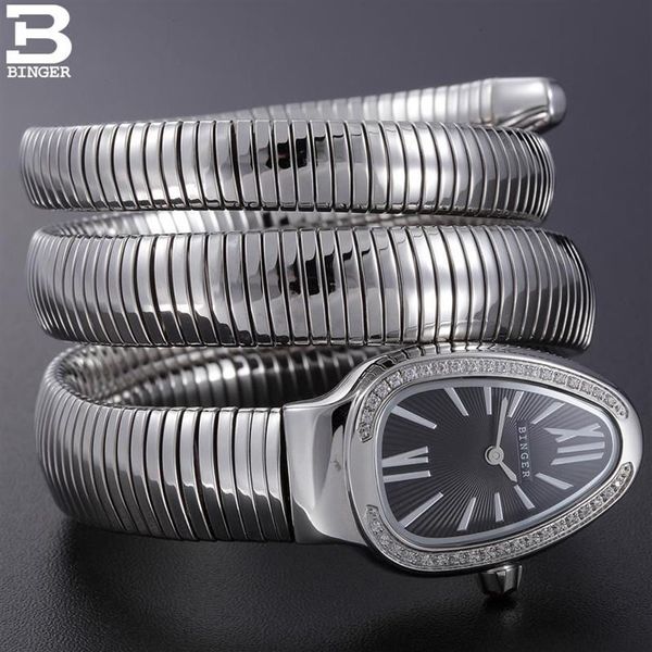 Schweiz BINGER Frauen Uhren Damen Quarzuhr Schlange Form Saphir Goldene Wasserdichte Armbanduhren B6900-2243Z