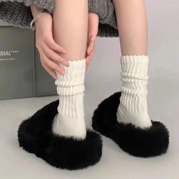 Kadın Çoraplar İlkbahar ve Yaz Beyaz Orta Tüp Örme Yün Buzağı İçin 1 Çift Kalın İplik