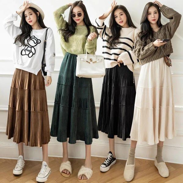 Etekler kalın sıcak kadife uzun etek kadınlar 2023 Sonbahar Kış Kore moda yüksek bel pileli midi kadın sokak kıyafetleri