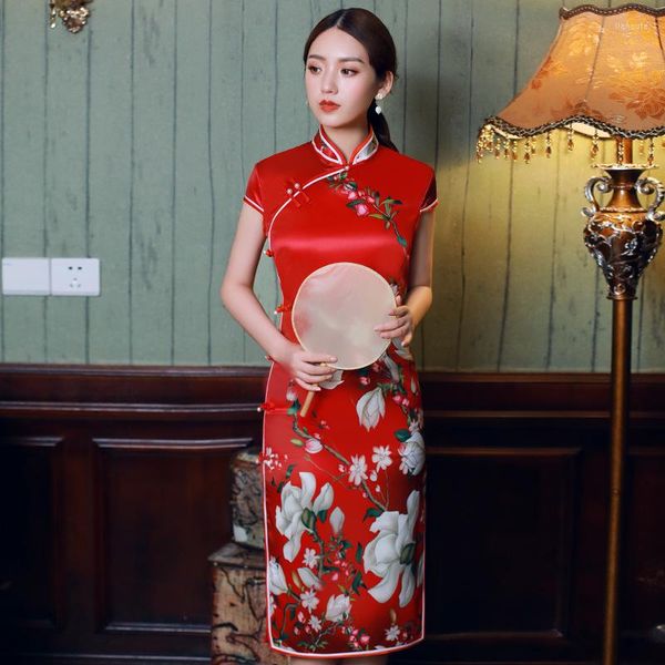 Roupas étnicas Elegantes novidades pintadas chinesas Cheongsam Classic Women Dress Short Silk Qipao Summer Diário China