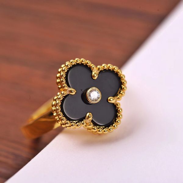 marca de luxo trevo designer anel chinês 18k ouro verde branco preto pedra charme anillos diamante emoção prego dedo anéis de noivado jóias