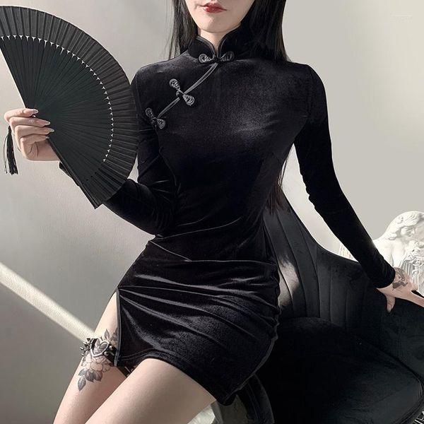 Vestidos casuais botão de sapo lateral dividido Bodycon skinny gothi mini vestido gótico moda chianese elegante partido chinês
