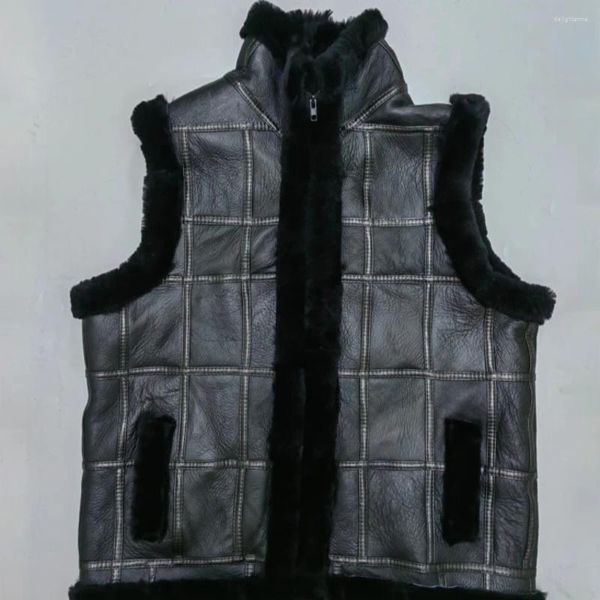 Damenwesten Winterverdicktes warmes Schaffellfell integriert mit echtem Leder-Stehkragen RDamen-Weste aus schwarzer Wolle