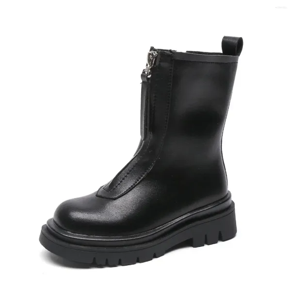 Botas crianças longo designer de moda preto pu couro meninos meninas outono bota frontal zíper meados de bezerro chique crianças inverno sapatos planos