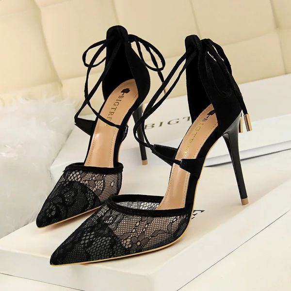 Dress Shoes Luxury Sexy High Heels Women's Shoes Thin Heels 10Cm Super High Heels Shallow Notched Mesh Lace Cross Cut Out Single Shoes 34-40 231110