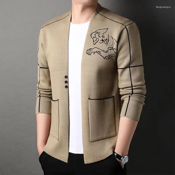 Suéter Masculino Outono Tendência Coreana Suéter Cardigan Moda Cor Sólida Malha Solta Negócios