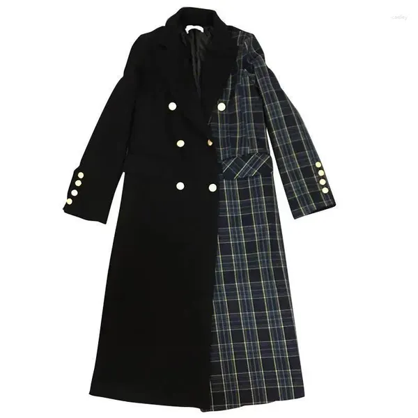 Trench da donna Donna Patchwork scozzese Doppiopetto Cappotto invernale in lana Colletto rovesciato Sezione lunga in lana Caldo elegante