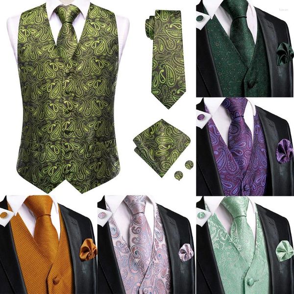 Coletes masculinos Hi-Tie Green Silk Vest Tie Paisley Business Formal Vestido Sem Mangas Jaqueta 4 PC Hanky Cufflink Terno Colete Festa