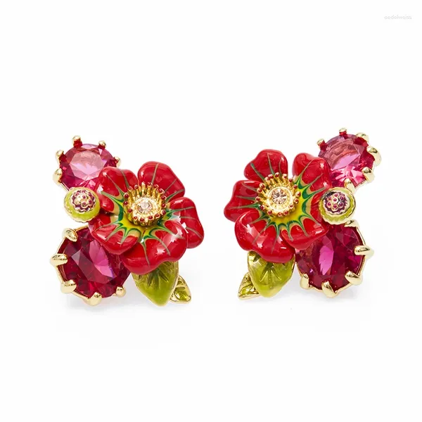 Ohrstecker, Emaille, glasierte rote Blumen, grünblättriger Schmuck, Silbernadel mit besonders modischer Stärke, Ohrhänger, weibliche Accessoires