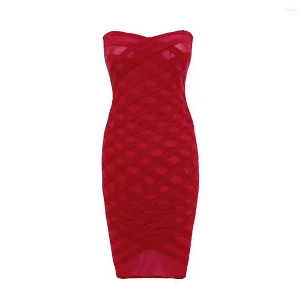 Casual Dresses Großhandel Damen Sommerkleid Frauen 2023 Rot Elegantes trägerloses Multi-gestreiftes Mesh-Verband Sexy Bodycon Vestidos