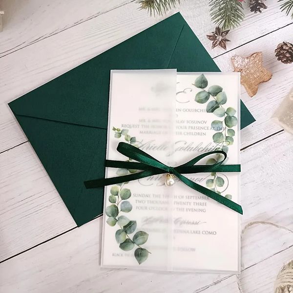 Cartões 50pcslot eucalipto impresso cartão de convite de casamento com fita e envelope DIY doce 15 quinceanera festa convida 231110