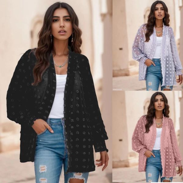 Blusas femininas moda renda manga longa chiffon cardigan feminino elegante ver através casual cor sólida solta quimono blusa femle túnica