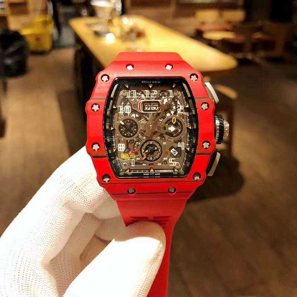 Роскошные Milles Richards Mechanical Watch Мужские красные дьявольные ствол углеродного волокна Многофункциональная водонепроницаемая автоматические часы RM011 AYW