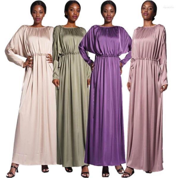 Roupas étnicas Ramadan Eid Cetim Vestido Mulheres Sólidas Cordão Longo Robe Muçulmano Islâmico Abaya Kaftan Turquia Vestido Casual Feminino Vestidos