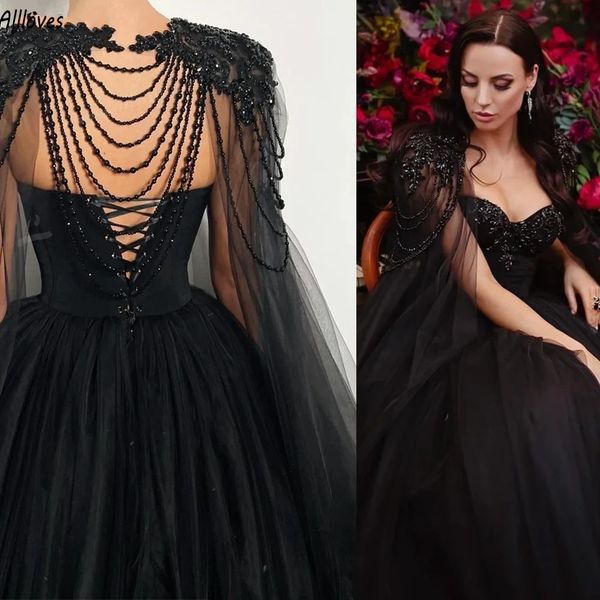 Vestidos de noite gótico preto uma linha tule beading borlas com capa longa vintage vestidos de baile querida sexy plus size vestidos de novia segundo vestido de recepção cl2908