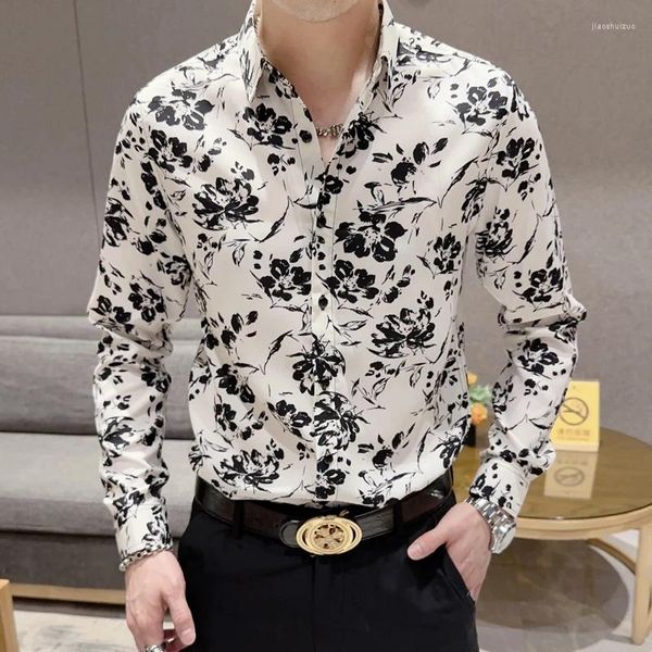 Camisas casuais masculinas 2023 outono flor homens moda slim fit manga longa negócios formal vestido social nightclub roupas