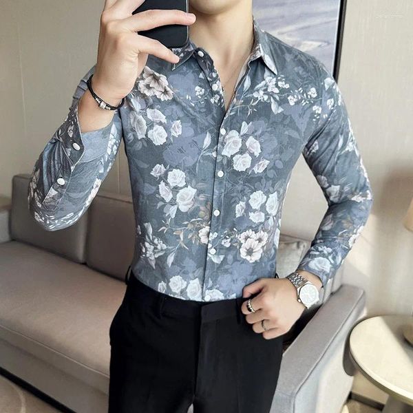 Мужские повседневные рубашки 2023 – модные облегающие деловые рубашки в корейском стиле для джентльменов, красивые с классической рубашкой в социальном стиле с принтом