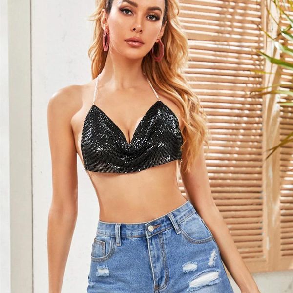 Camisoles réservoirs chaîne femmes Sexy paillettes dos ouvert fronde gilet haut en métal soutien-gorge sans bretelles pour les femmes