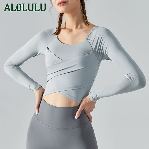 AL0LULU Mit Logo Yoga Sport Fitness Laufoberteil Damen Langarm Elastisch Lose Schnelltrocknend T-Shirt