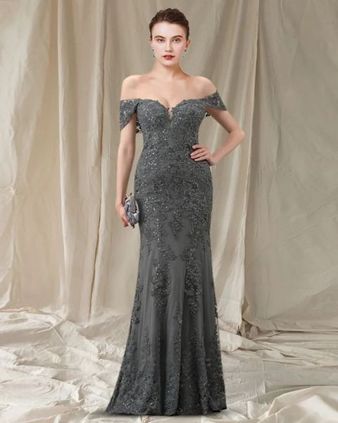 Nuova sirena grigio abito per la madre della sposa 2024 elegante spalle scoperte lunghezza del pavimento pizzo tulle paillettes abiti da festa per gli ospiti taglie forti Robe De Soiree