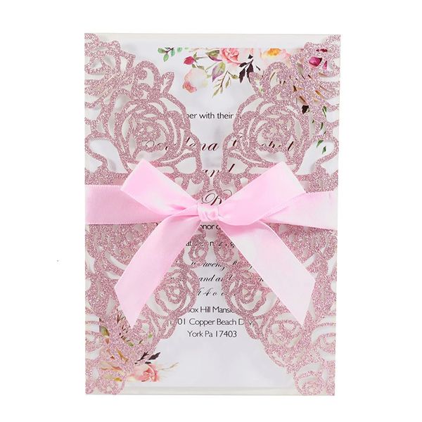 Biglietti d'auguri 10 pezzi Biglietto d'invito in carta glitterata con busta a nastro Tasca per matrimonio Matrimonio Compleanno Battesimo Forniture per feste Quinceanera 231110