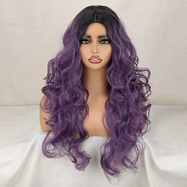 Кружевные парики, модный парик, женский фиолетовый градиент, длинная волна, парик из химического волокна, парик