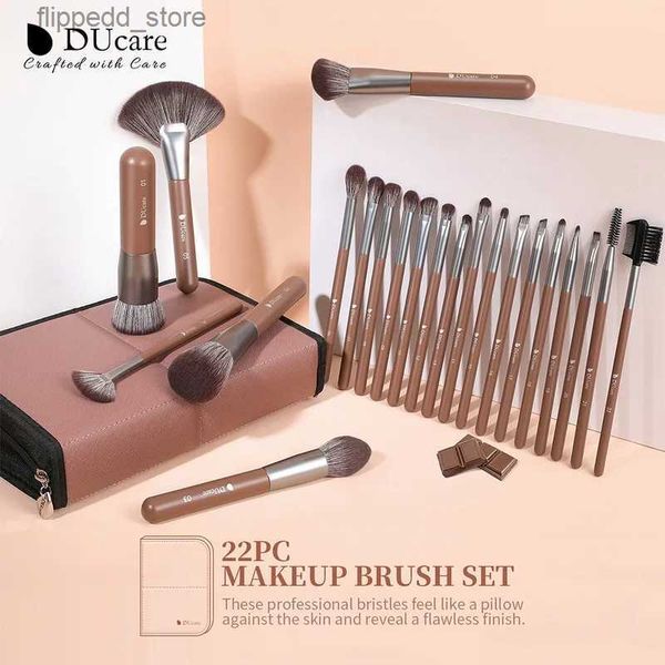 Make-up-Pinsel, DUcare, braune Make-up-Pinsel, 22 Stück, professionelle Kosmetik, Nylonhaar, Puder, Lidschatten, Eyeliner, Augenbrauen-Mischpinsel mit Tasche, Q231110